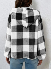 Plaid Half Button Long Sleeve Hoodie – Stylish & Cozy, [Evelyns Fashion]