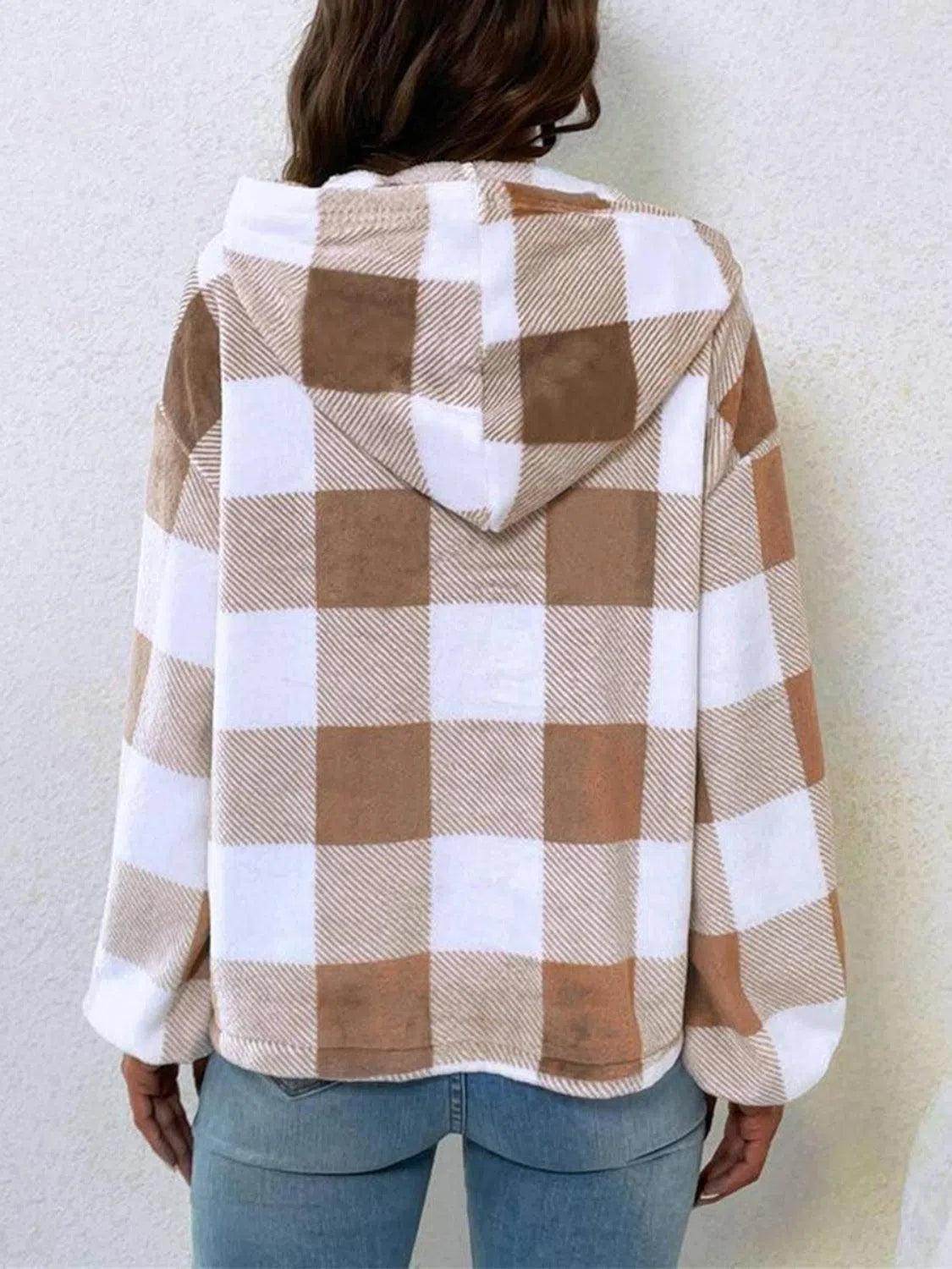 Plaid Half Button Long Sleeve Hoodie – Stylish & Cozy, [Evelyns Fashion]