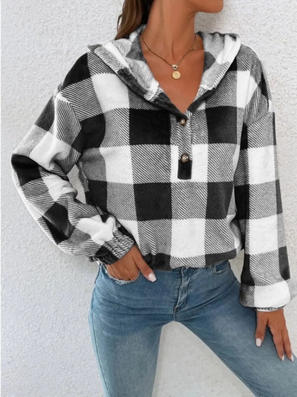 Plaid Half Button Long Sleeve Hoodie – Stylish & Cozy, [Evelyns Fashion]