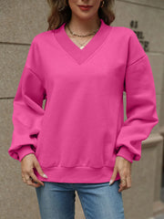 V-Neck Long Sleeve Dropped Shoulder Sweatshirt – Cozy & Chic, [Evelyns Fashion]