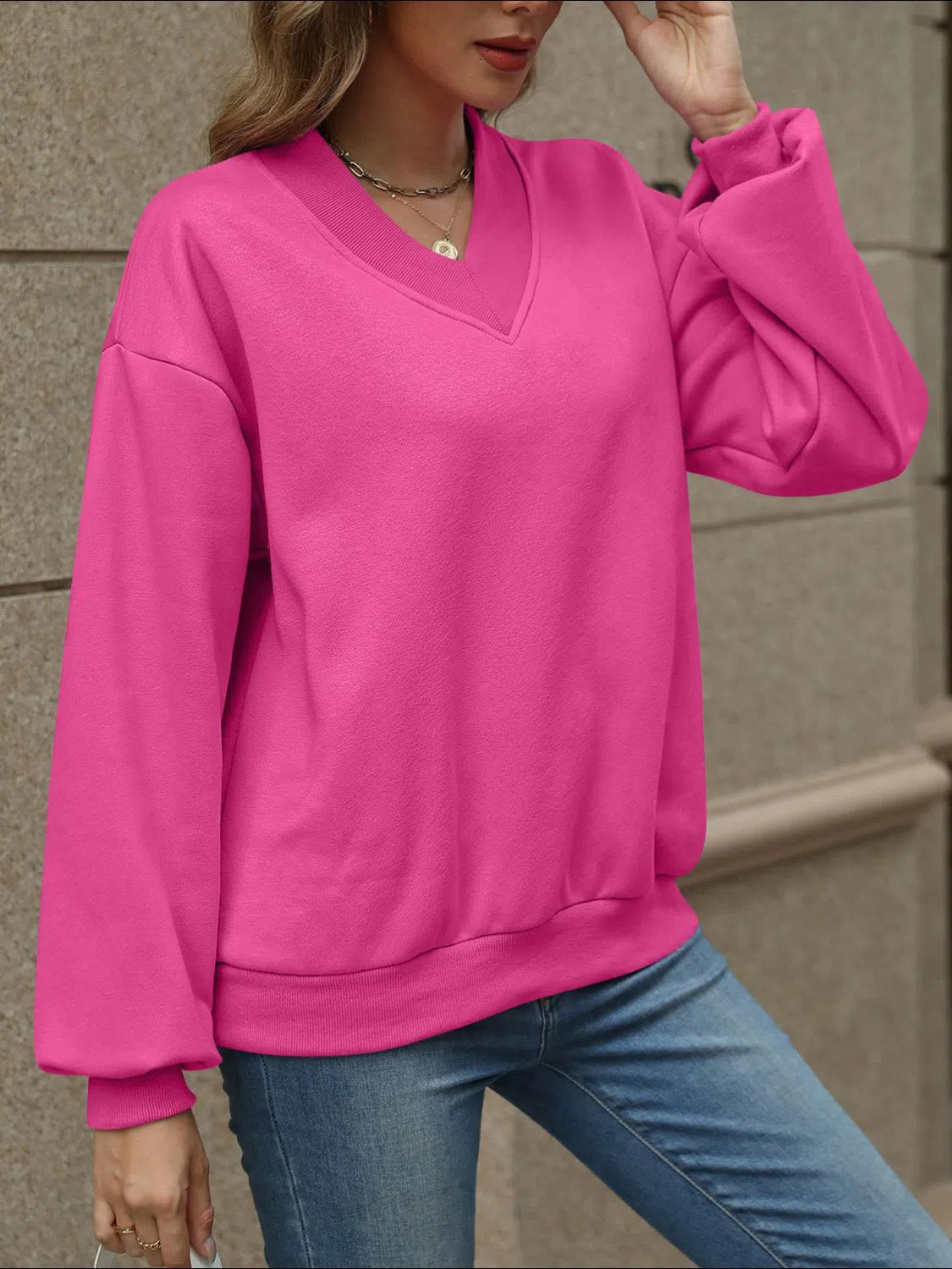 V-Neck Long Sleeve Dropped Shoulder Sweatshirt – Cozy & Chic, [Evelyns Fashion]