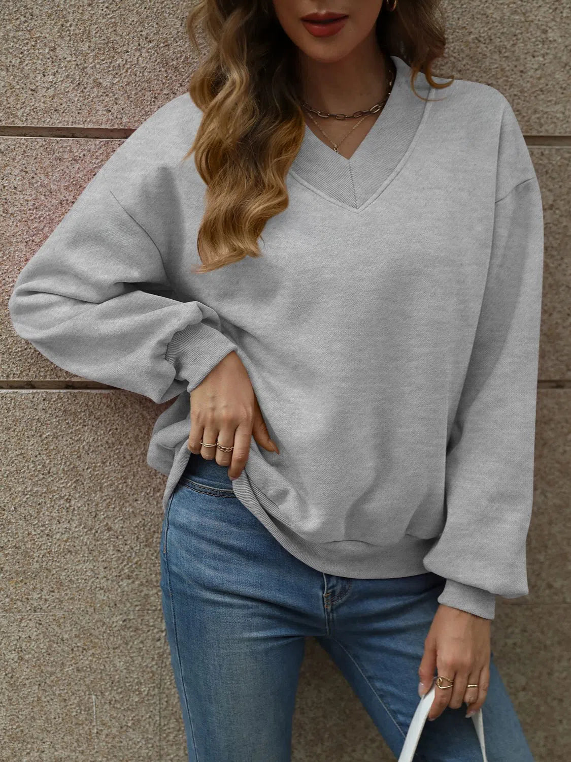 V-Neck Long Sleeve Dropped Shoulder Sweatshirt – Cozy & Chic, [Evelyns Fashion]