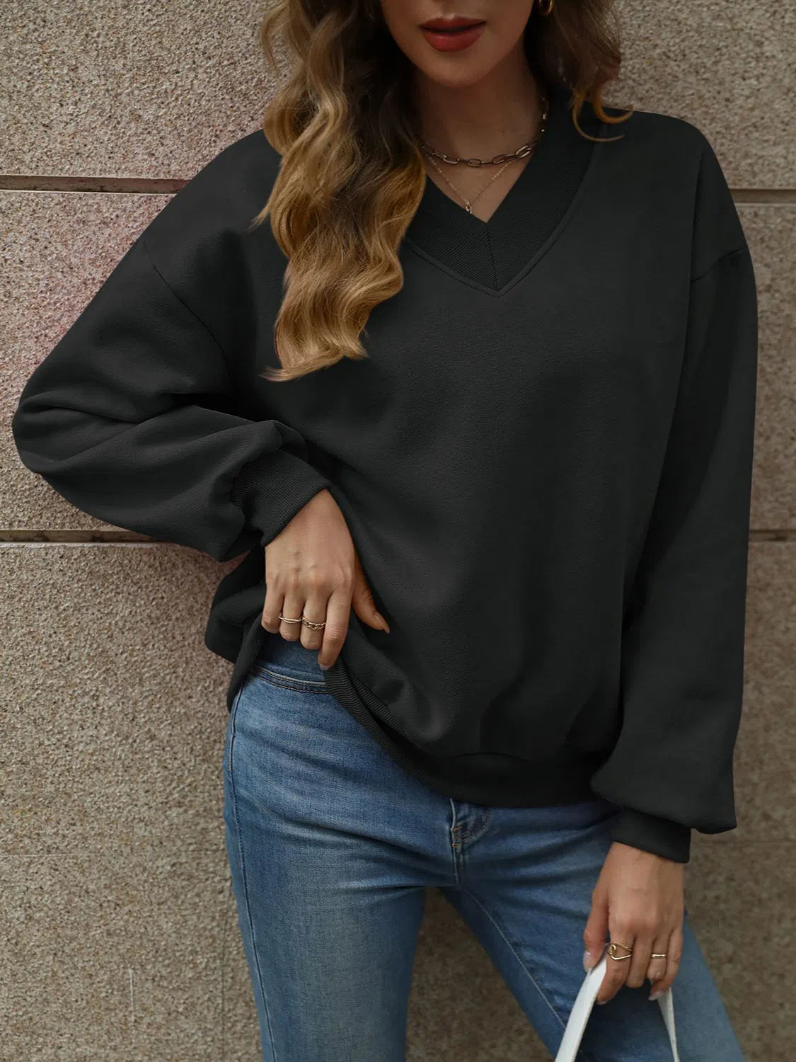 V-Neck Long Sleeve Dropped Shoulder Sweatshirt – Cozy & Chic, [Evelyns Fashion]