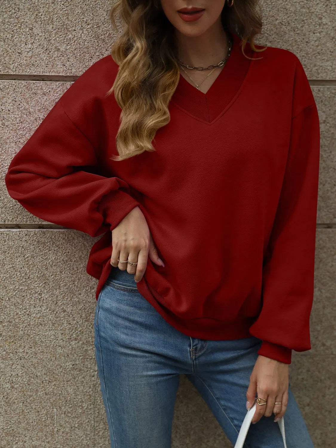 V-Neck Long Sleeve Dropped Shoulder Sweatshirt – Cozy & Chic, [Evelyns Fashion]