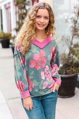 Teal Floral V-Neck Sweater – Elegant & Versatile Knitwear, [Evelyns Fashion]