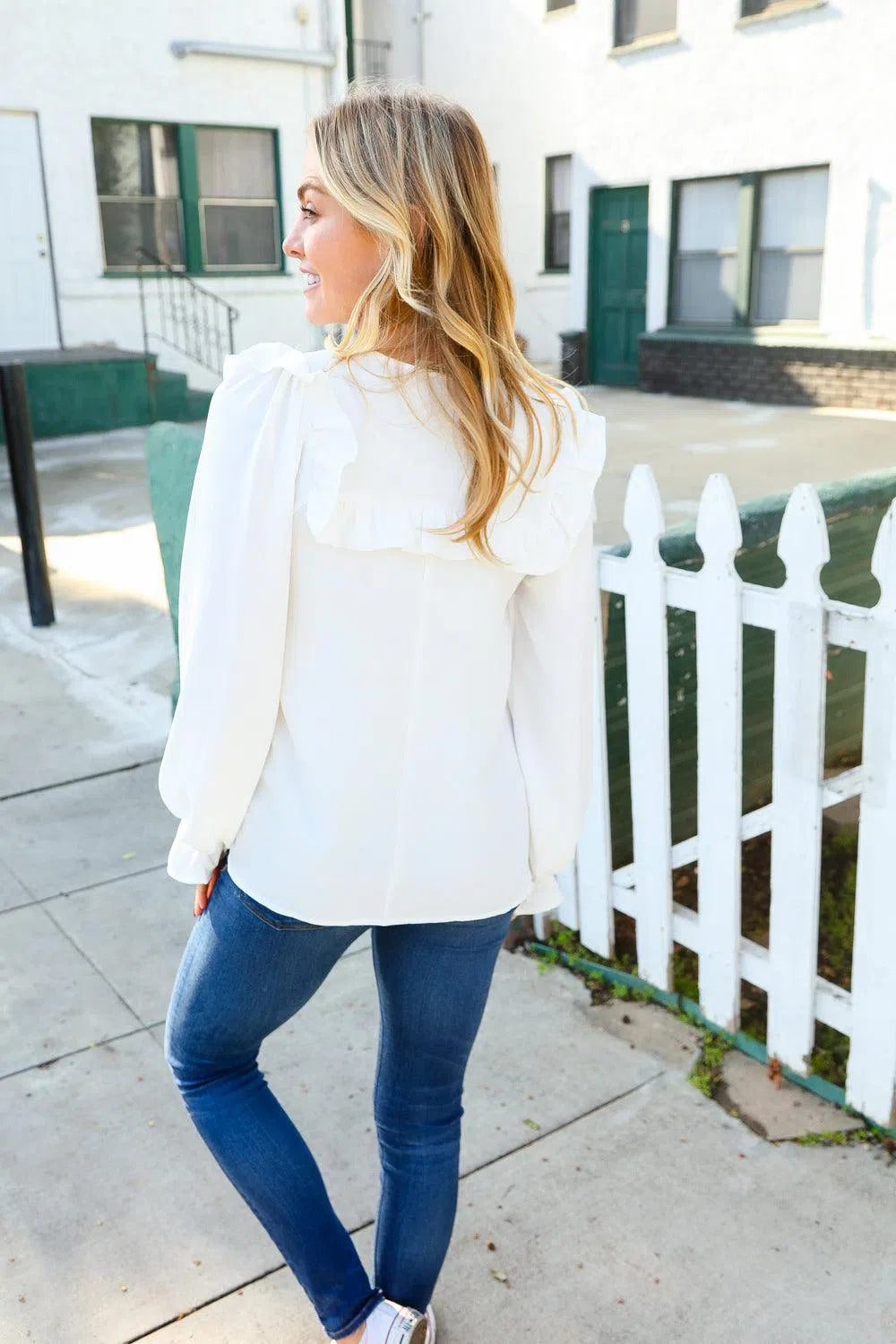 Ivory Ruffle Bubble Sleeve Blouse with Bow Tie – Elegant & Versatile, [Evelyns Fashion]