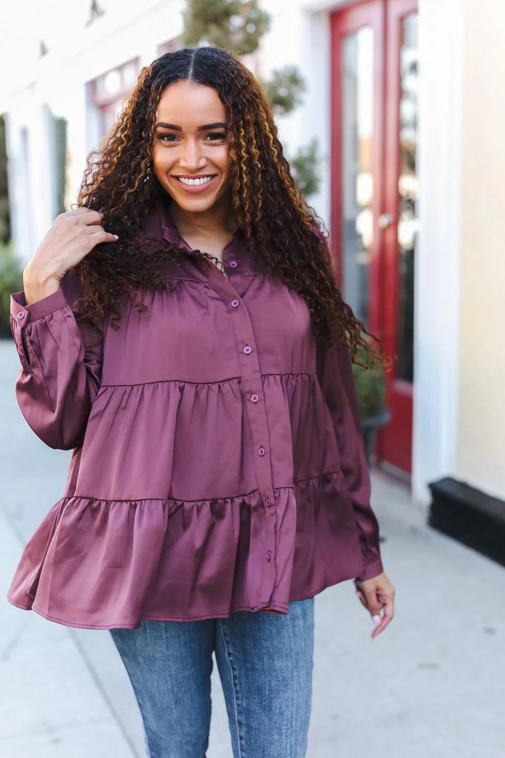 Perfectly You Burgundy Satin Babydoll Top – Chic & Elegant, [Evelyns Fashion]