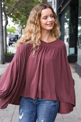 Casual Chic Wine V-Neck Yoke Modal Knit Oversized Top – Soft & Stylish, [Evelyns Fashion]