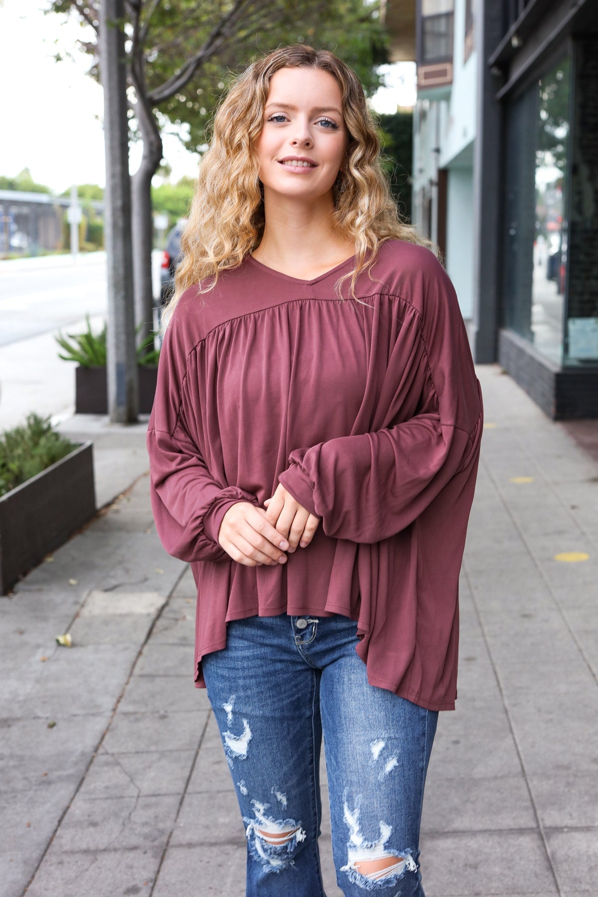 Casual Chic Wine V-Neck Yoke Modal Knit Oversized Top – Soft & Stylish, [Evelyns Fashion]