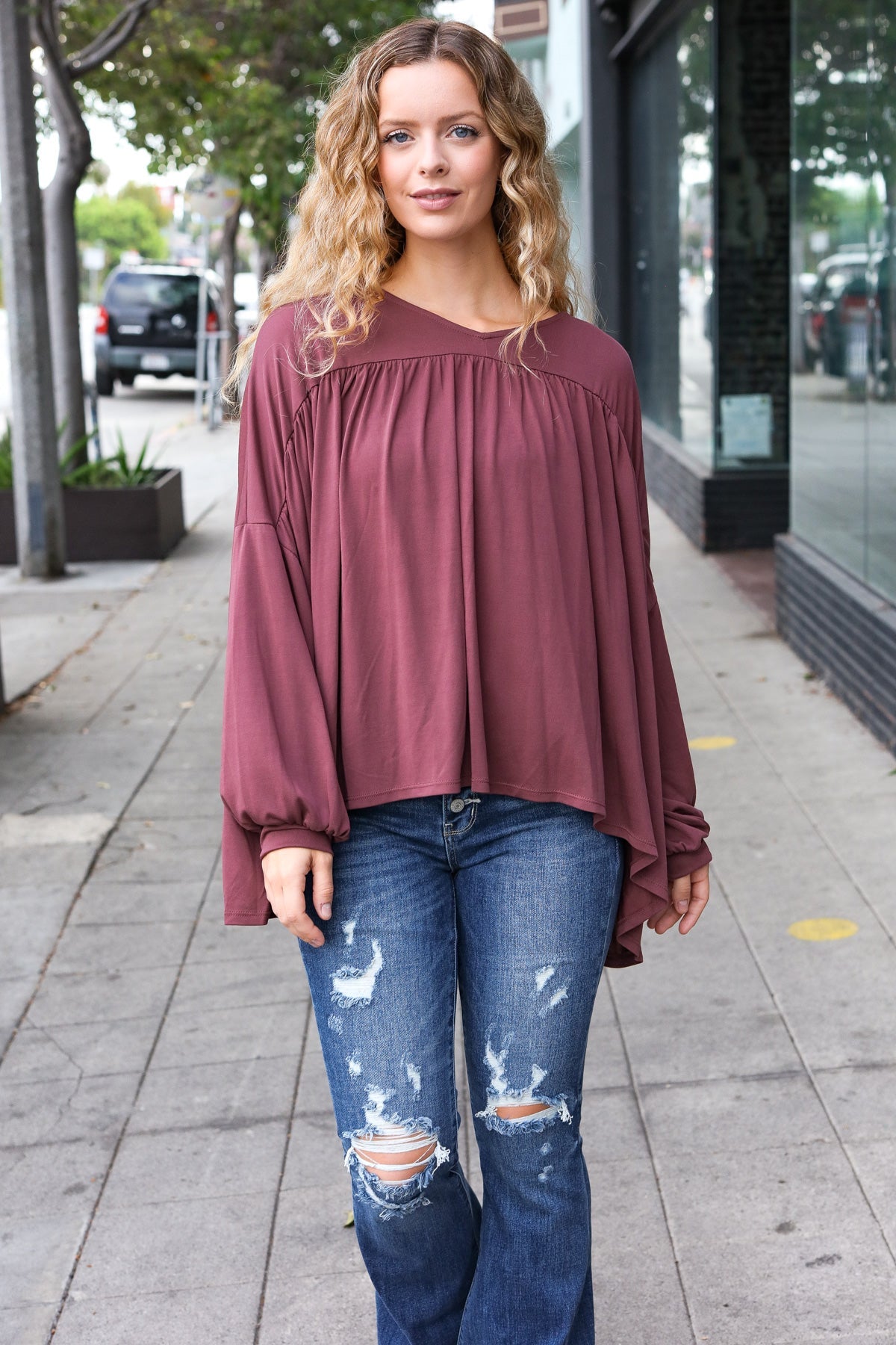 Casual Chic Wine V-Neck Yoke Modal Knit Oversized Top – Soft & Stylish, [Evelyns Fashion]