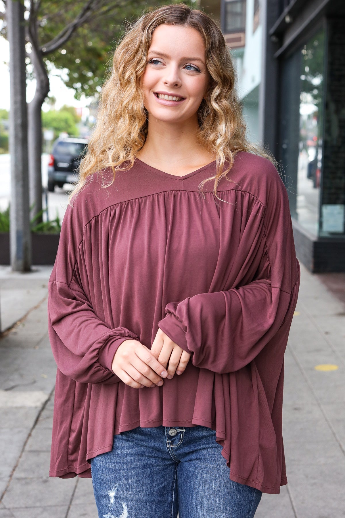 Casual Chic Wine V-Neck Yoke Modal Knit Oversized Top – Soft & Stylish, [Evelyns Fashion]