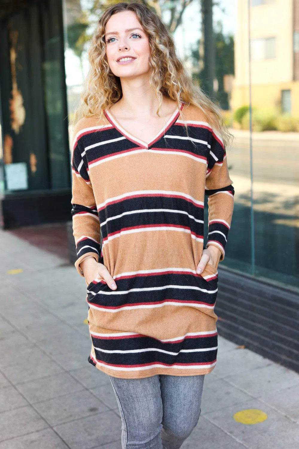 Casual Chic Taupe Hacci Stripe Tunic – Stylish & Comfortable, [Evelyns Fashion]