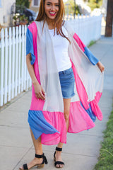 Taupe & Fuchsia Color Block Ruffle Hem Kimono – Trendy & Chic, [Evelyns Fashion]