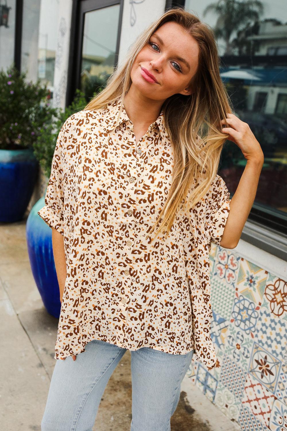 Beige Animal Print Dolman Top – Button Down Chic Statement Blouse, [Evelyns Fashion]