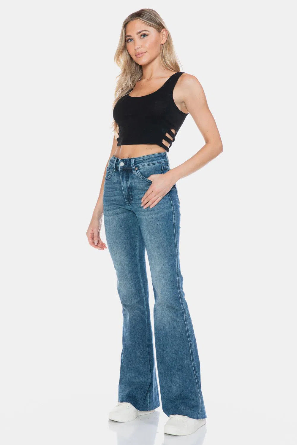 Tummy Control Cut Hem Flare Jeans – Flattering & Stylish Denim, [Evelyns Fashion]