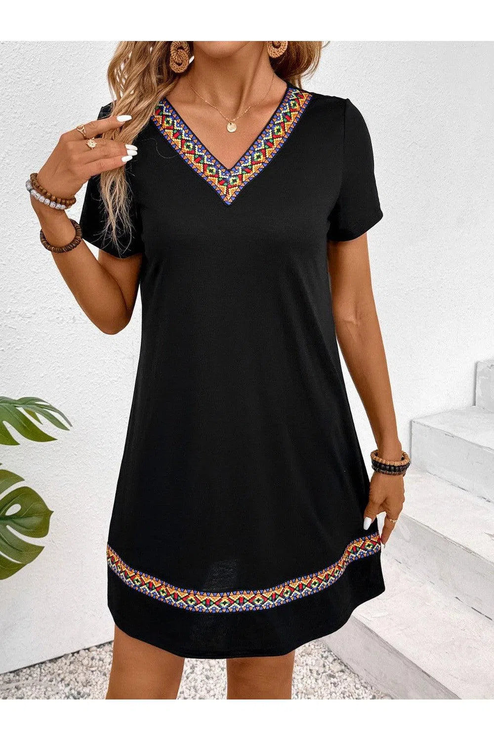 V-Neck Short Sleeve Mini Dress – Stylish & Versatile, [Evelyns Fashion]