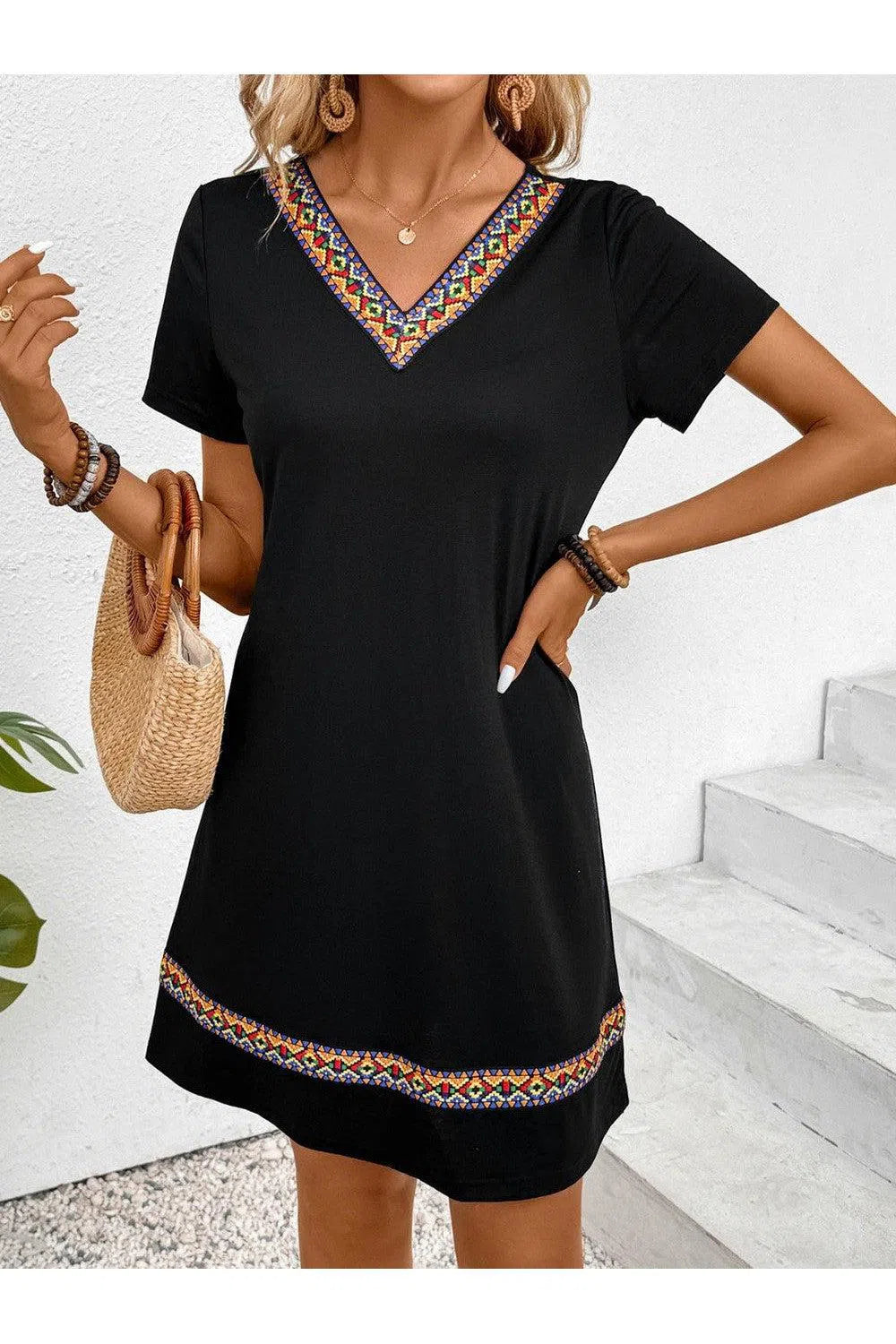 V-Neck Short Sleeve Mini Dress – Stylish & Versatile, [Evelyns Fashion]