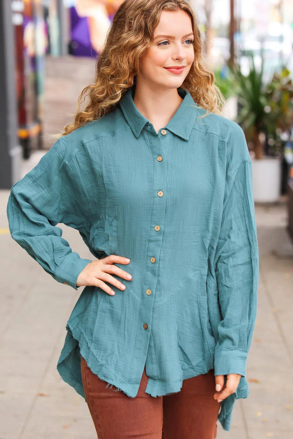 Teal Button Down Sharkbite Cotton Tunic – Chic & Comfortable, [Evelyns Fashion]