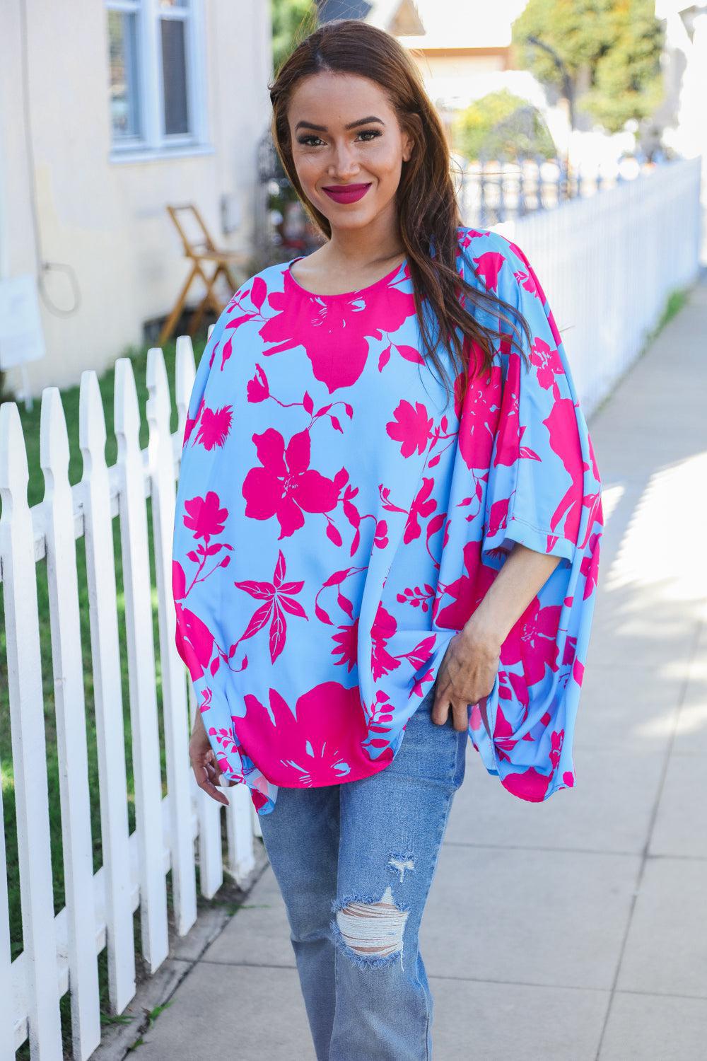 Fuchsia Floral Asymmetrical Blouse – Flowy & Chic Coverup, [Evelyns Fashion]