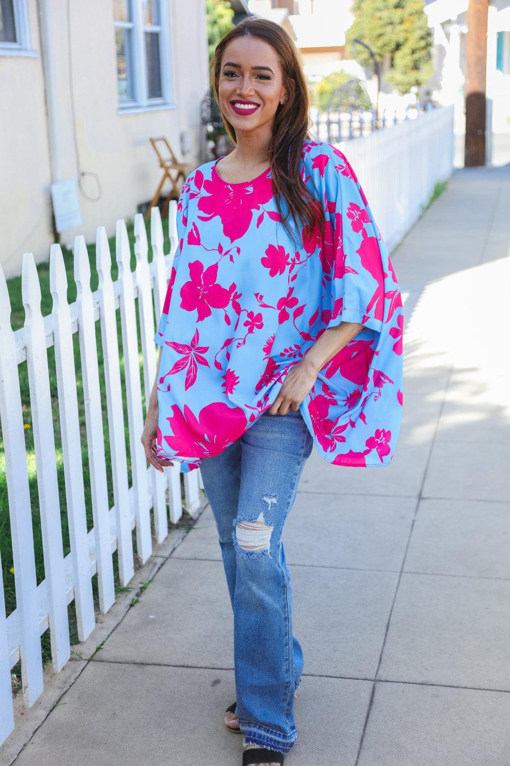 Fuchsia Floral Asymmetrical Blouse – Flowy & Chic Coverup, [Evelyns Fashion]