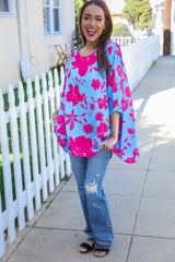 Fuchsia Floral Asymmetrical Blouse – Flowy & Chic Coverup, [Evelyns Fashion]