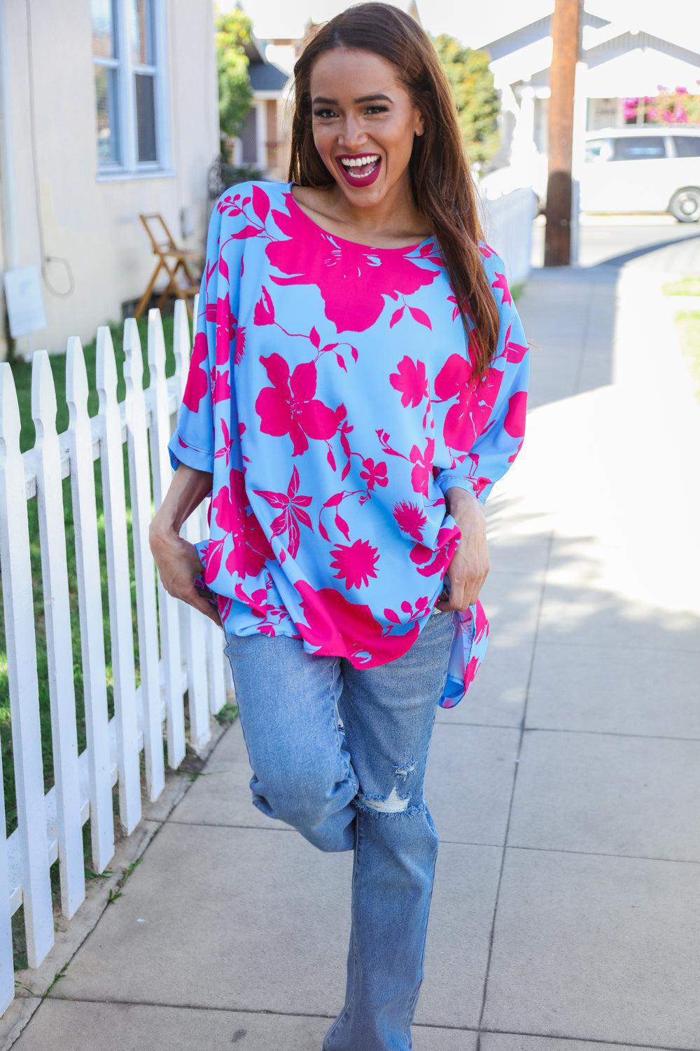 Fuchsia Floral Asymmetrical Blouse – Flowy & Chic Coverup, [Evelyns Fashion]