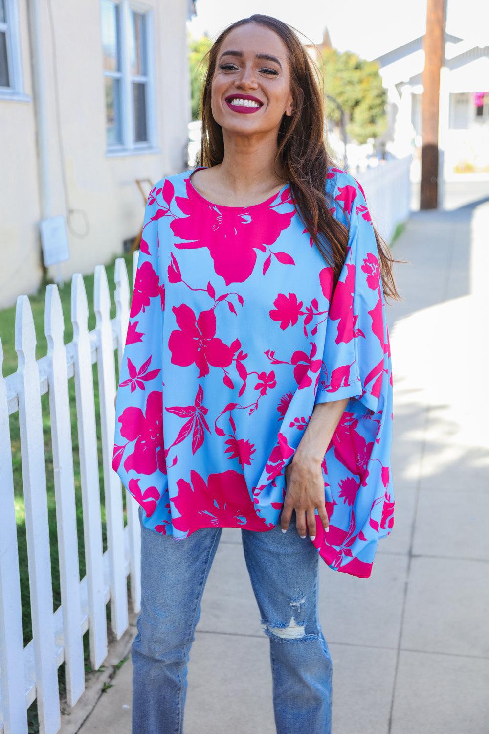 Fuchsia Floral Asymmetrical Blouse – Flowy & Chic Coverup, [Evelyns Fashion]