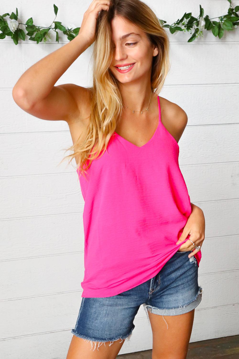 Hot Pink V-Neck Cami – Adjustable Straps, Lined & Chic Sleeveless Top, [Evelyns Fashion]