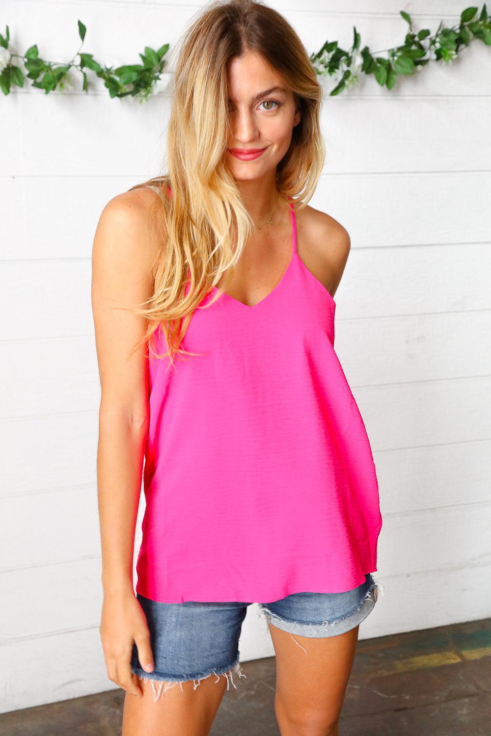 Hot Pink V-Neck Cami – Adjustable Straps, Lined & Chic Sleeveless Top, [Evelyns Fashion]