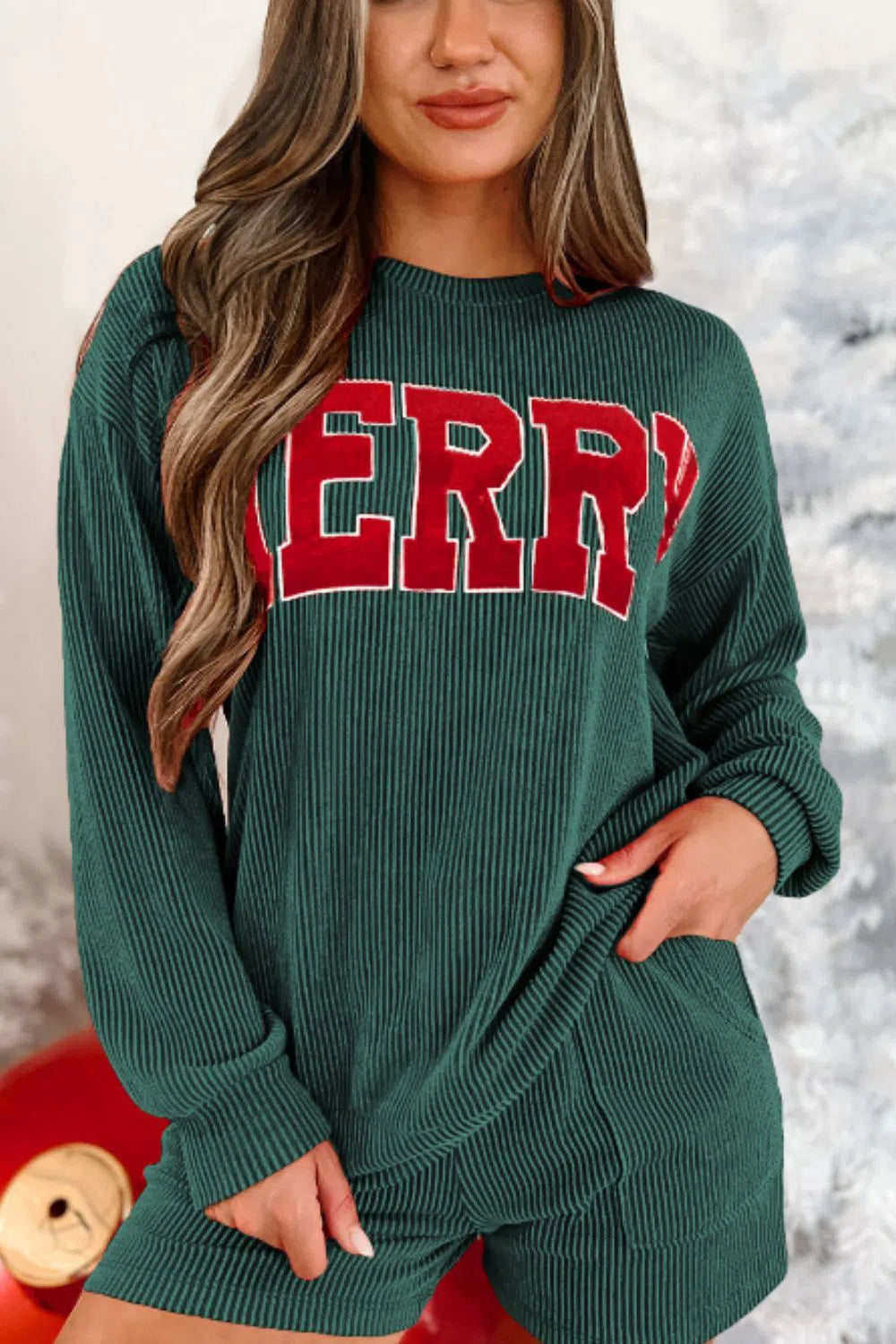 MERRY Round Neck Long Sleeve Lounge Set – Festive & Cozy Holiday Wear, [Evelyns Fashion]