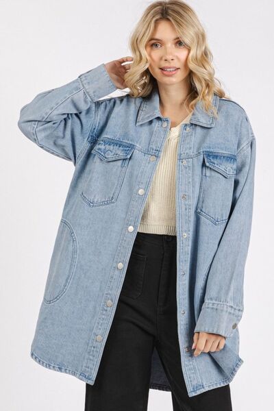 Mittoshop Light Wash Patch Pocket Longline Denim Jacket – Stylish & Versatile, [Evelyns Fashion]