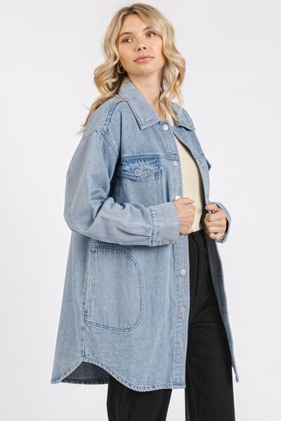 Mittoshop Light Wash Patch Pocket Longline Denim Jacket – Stylish & Versatile, [Evelyns Fashion]