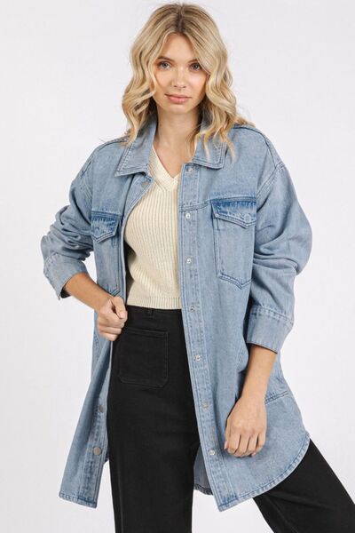 Mittoshop Light Wash Patch Pocket Longline Denim Jacket – Stylish & Versatile, [Evelyns Fashion]