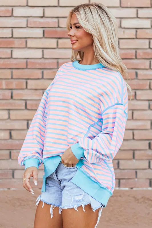 High-Low Pullover Sweatshirt with Stripe Details – Chic & Cozy, [Evelyns Fashion]