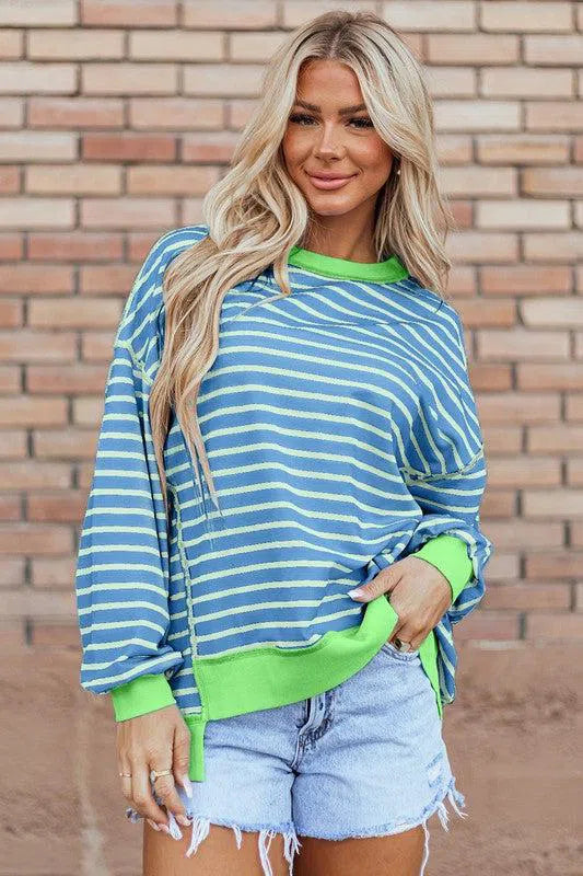 High-Low Pullover Sweatshirt with Stripe Details – Chic & Cozy, [Evelyns Fashion]