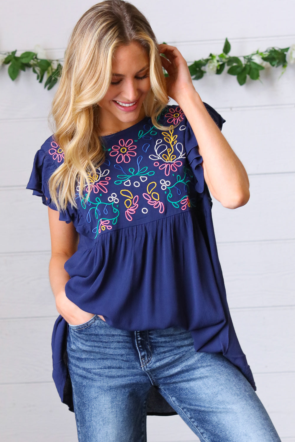 Navy Floral Embroidered Flutter Sleeve Top | Chic Boho Blouse , [Evelyns Fashion]