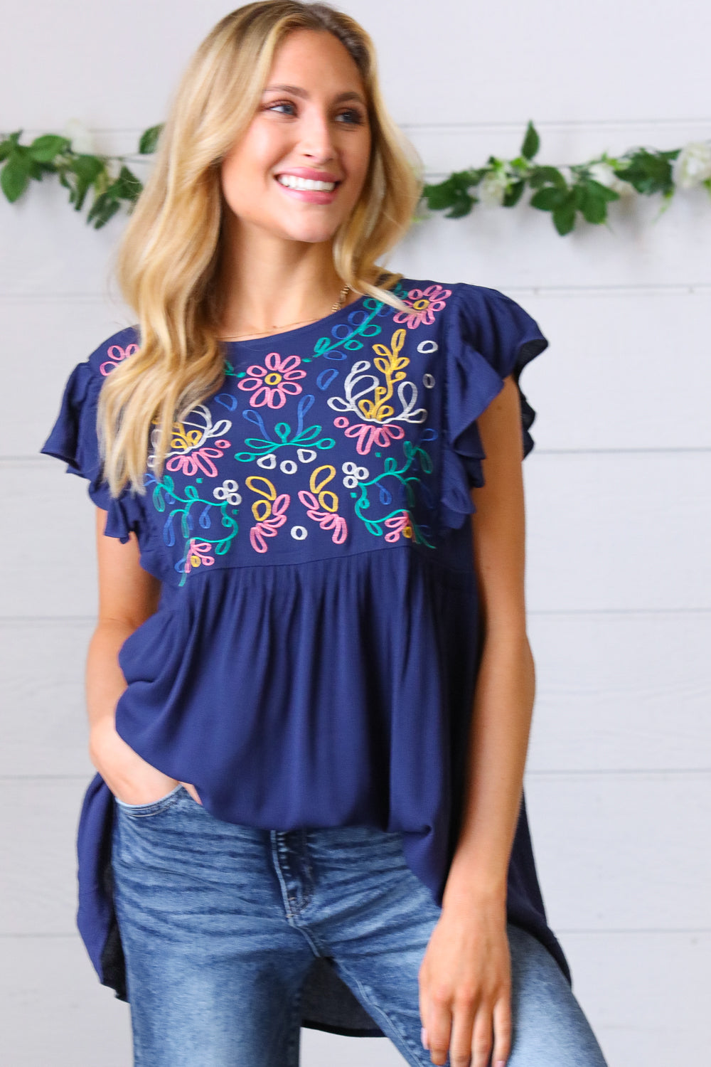 Navy Floral Embroidered Flutter Sleeve Top | Chic Boho Blouse , [Evelyns Fashion]