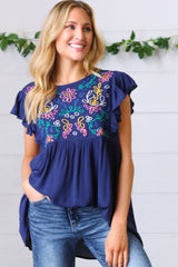 Navy Floral Embroidered Flutter Sleeve Top | Chic Boho Blouse , [Evelyns Fashion]