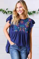 Navy Floral Embroidered Flutter Sleeve Top | Chic Boho Blouse , [Evelyns Fashion]