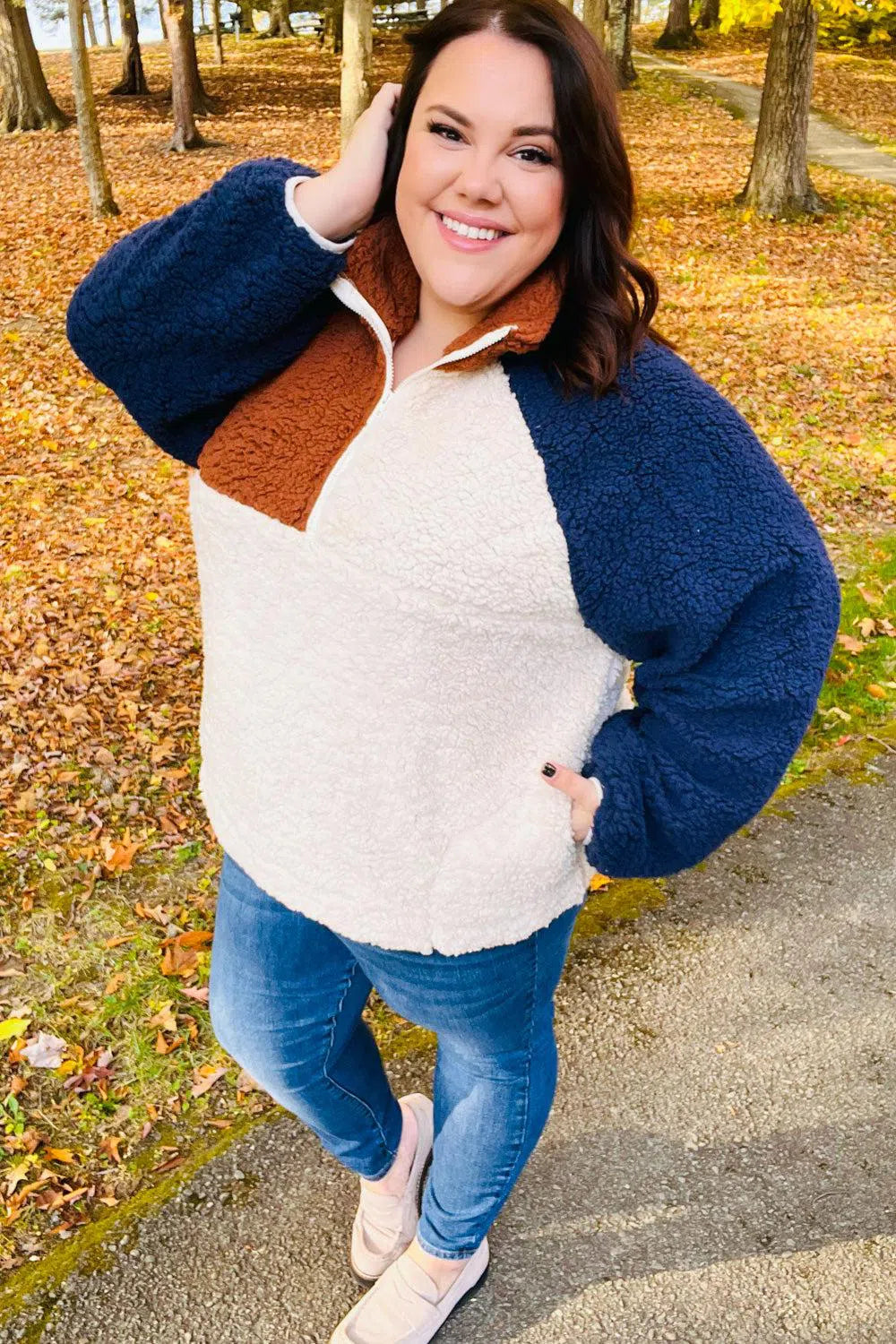 Seize The Day Navy & Taupe Sherpa Pullover – Cozy & Stylish, [Evelyns Fashion]