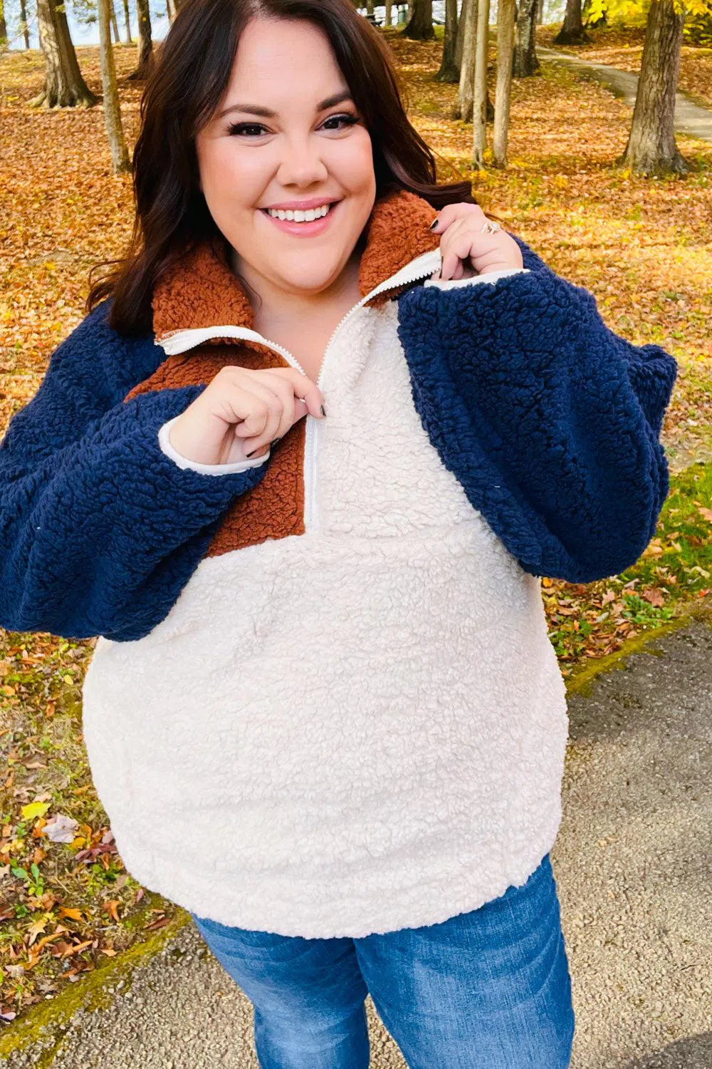 Seize The Day Navy & Taupe Sherpa Pullover – Cozy & Stylish, [Evelyns Fashion]