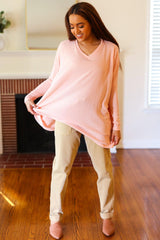 Peach Waffle Knit V-Neck Dolman Top | Soft & Stylish Knitwear, [Evelyns Fashion]