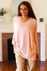 Peach Waffle Knit V-Neck Dolman Top | Soft & Stylish Knitwear, [Evelyns Fashion]