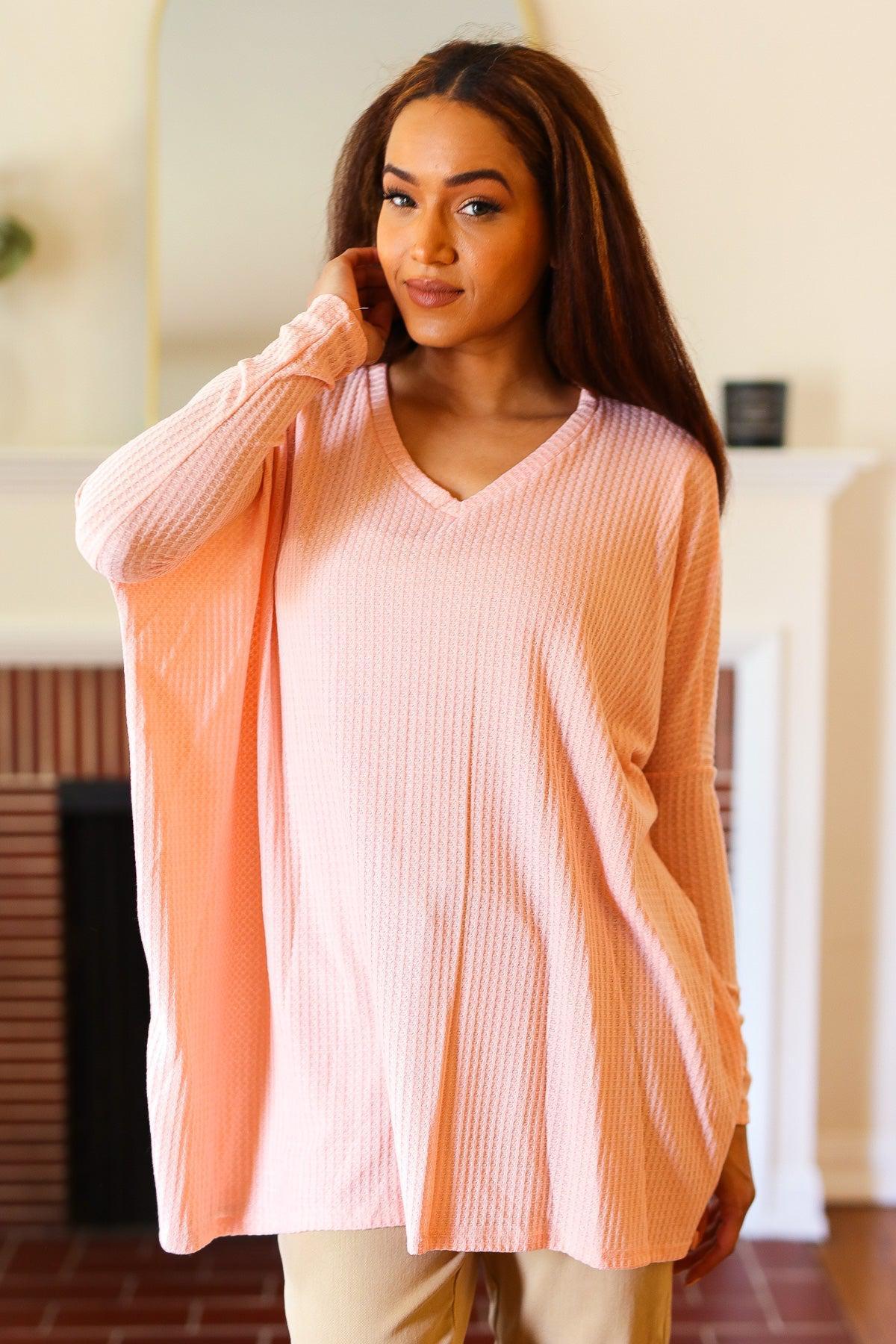 Peach Waffle Knit V-Neck Dolman Top | Soft & Stylish Knitwear, [Evelyns Fashion]