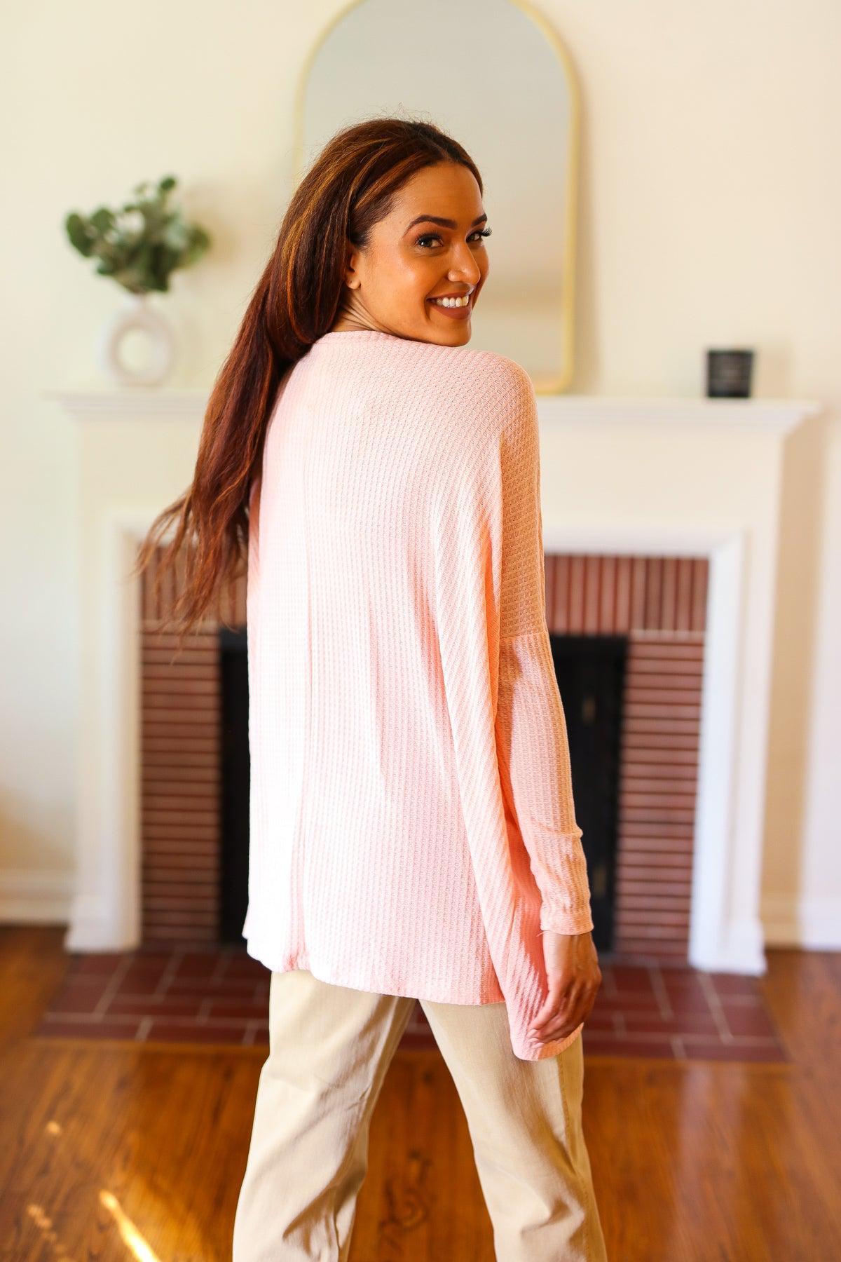 Peach Waffle Knit V-Neck Dolman Top | Soft & Stylish Knitwear, [Evelyns Fashion]