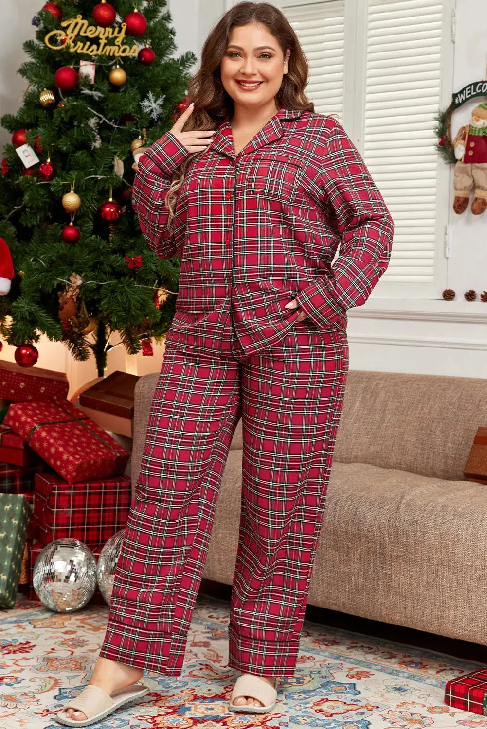 Plus Size Plaid Collared Neck Lounge Set – Cozy & Chic Loungewear, [Evelyns Fashion]