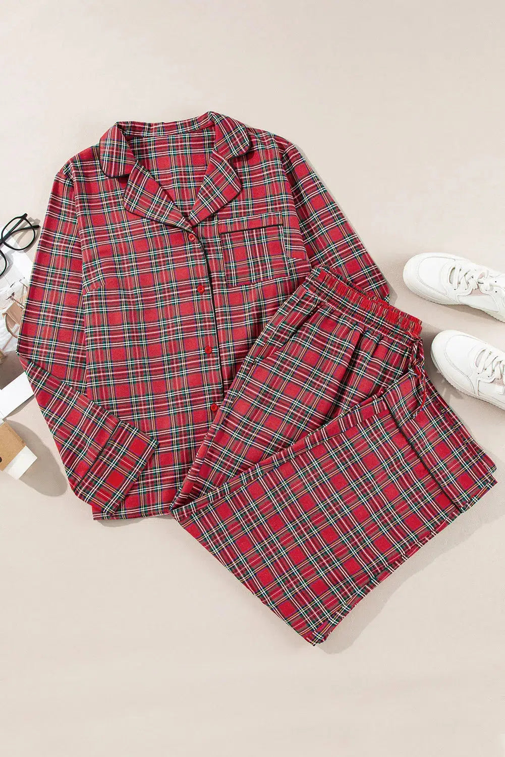 Plus Size Plaid Collared Neck Lounge Set – Cozy & Chic Loungewear, [Evelyns Fashion]