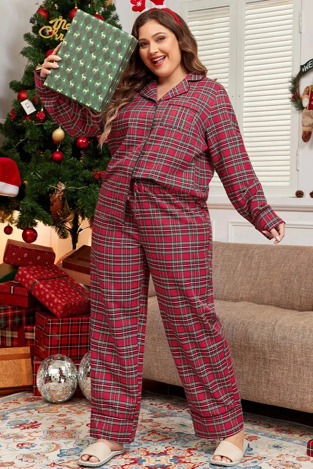 Plus Size Plaid Collared Neck Lounge Set – Cozy & Chic Loungewear, [Evelyns Fashion]