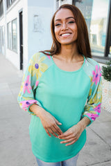 Mint French Terry Floral Pullover – Colorblock, Cozy & Stylish, [Evelyns Fashion]