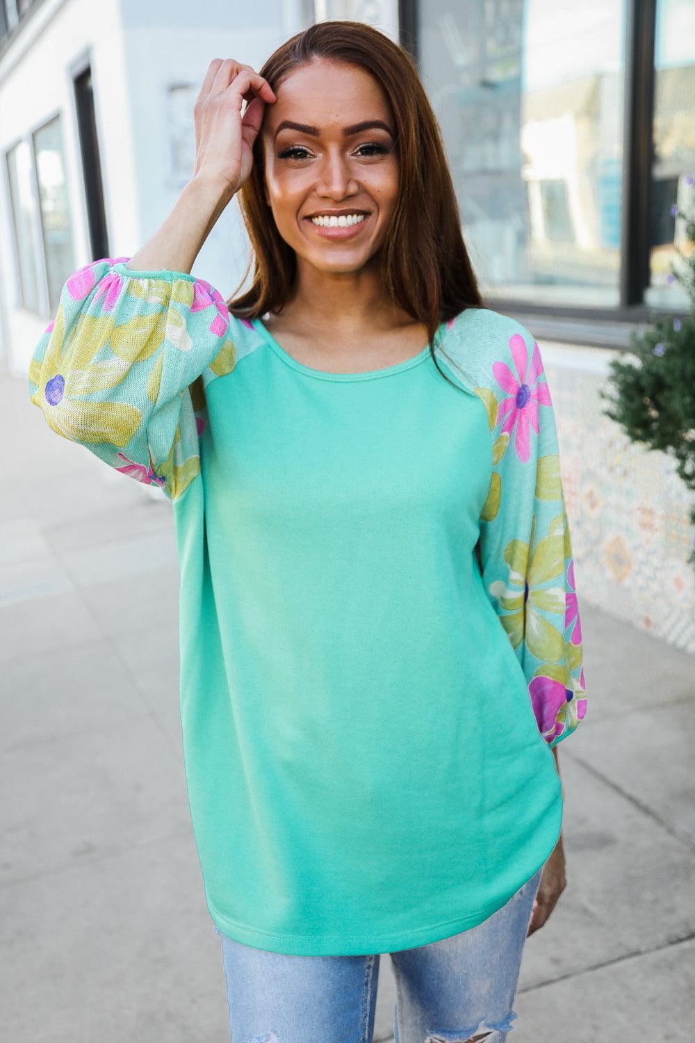 Mint French Terry Floral Pullover – Colorblock, Cozy & Stylish, [Evelyns Fashion]